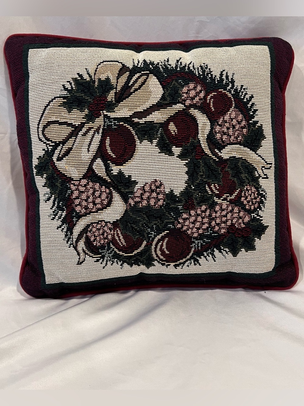 Vintage Christmas Wreath Tapestry Pillow 12x12 Pinecones Holly Ornaments Cottage